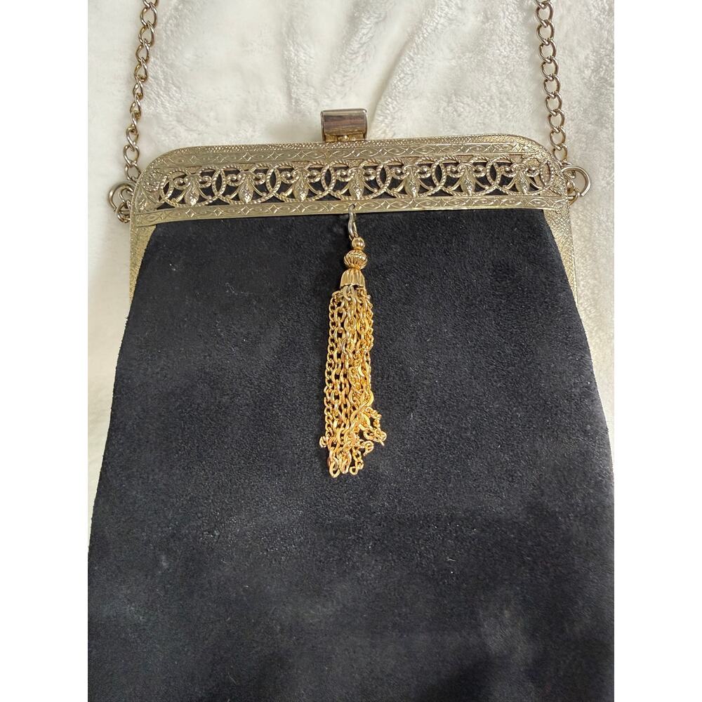 Vintage Suede Black Kiss Lock Tassel Chain Evening Purse Gold Filigree 50s 60s